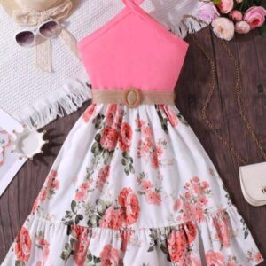 Young Girl Floral Print Halter Vacation Style Dress