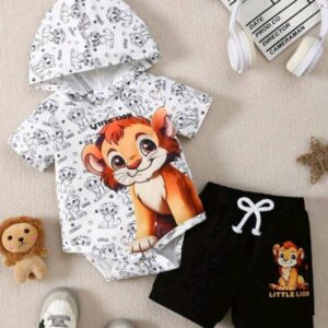 A Casual And Comfortable Outfit for Boys Featuring a Short-Sleeve Top with a Lion Print And Black Lion Print Shorts