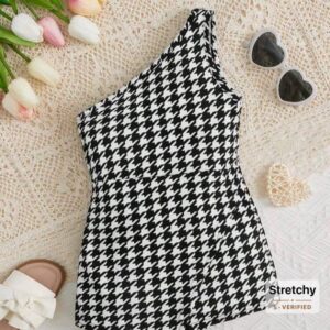 Girls Houndstooth Pattern Single Shoulder Jumpsuit Romper