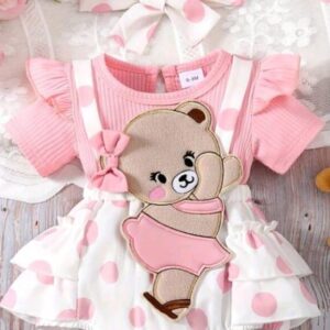 Baby Girls’ Bishop Sleeve Open Back Striped Cap Sleeve Patchwork Cartoon Bear Applique Bow Polka Dot Full Print Double-Layer Dress With Headband