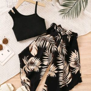 Young Girl Solid Color Simple Spaghetti Strap Top And Belted Printed Vacation Style Pants Set