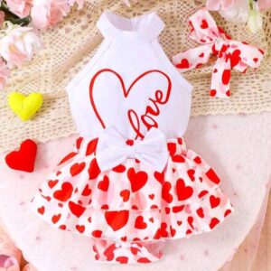 2pcs Baby Girl Heart Printed Halter Top And Ruffle Hem Bottom Set
