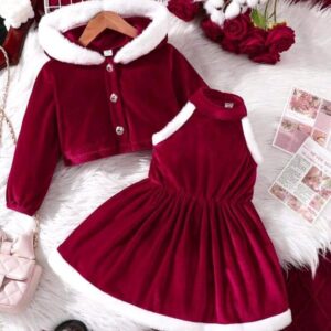 Baby Girls Hooded Long Sleeve Shirt And Sleeveless Christmas Dress 2pcs Clothes Set