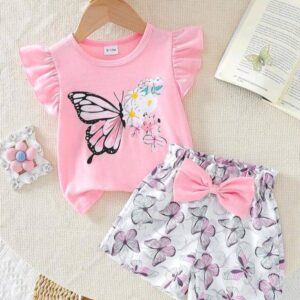Kids’ Outfit – Sleeveless Top with Butterfly and Flower Print, Matching Shorts with Butterfly Pattern