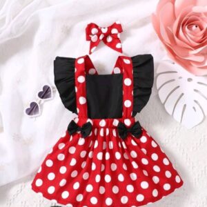 Baby Girls’ Polka Dot Print Cap Sleeve Dress With 2 In 1 Design