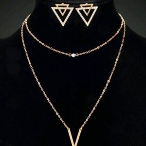 3pcs Fashion Gold Double Layered Chain Geometric Pendant Necklace Triangle Stud Earrings Party Jewelry Set