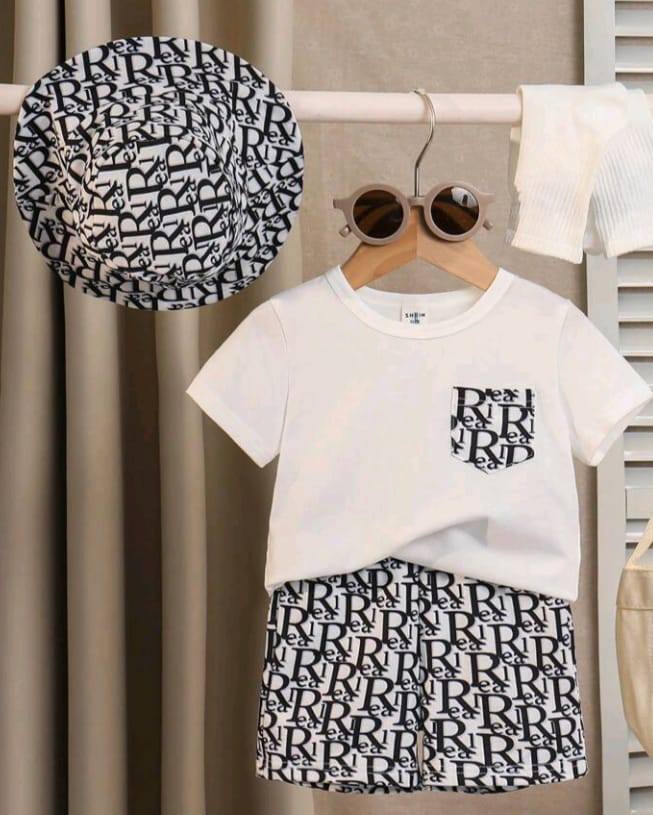 Young Boys Fashion Casual Sporty Simple Versatile Breathable Letter & Graphic Print Short Sleeve T-Shirt, Shorts And Sun Hat Set