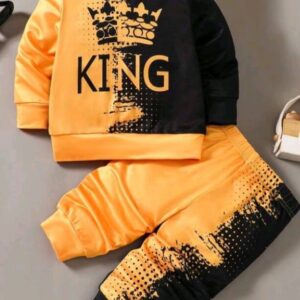Baby Boy Gradient Crown KING Letter Pattern Black Yellow Long Sleeve Round Neck Sweatshirt & Jogging Pants