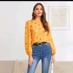 Women Shirts Butterfly Print Lantern Sleeve Top Shirts