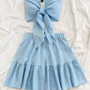 Women 2 Pieces Set: Solid Color Bandeau Top With Drawstring Closure And Minimalist A-Line Skirt, Casual Outfit