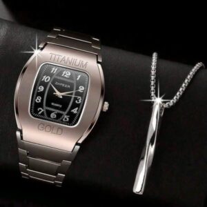 1pc Men Watch Gold Stainless Steel Strap Fashionable Letter Detail Square Dial Quartz Watch & 1pc Pendant Necklace