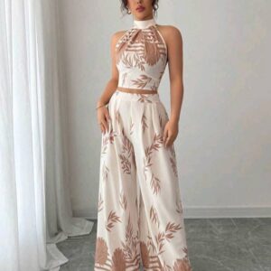 Women’s Elegant Vacation 2 Pieces Set, Halter Neck, Backless Tie Waist, Printed
