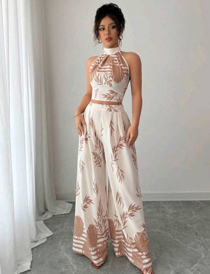 Women's Elegant Vacation 2 Pieces Set, Halter Neck, Backless Tie Waist, Printed