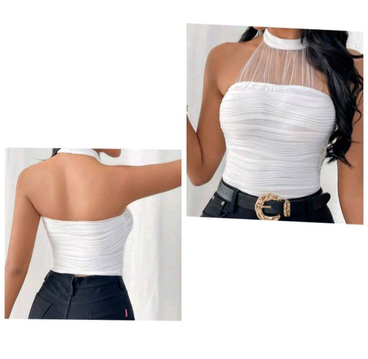 Women's Mesh Contrast Halter Knitted Top