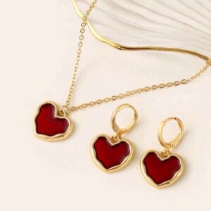 Gorgeous Cute Wine Red Color Love Heart Pendant Necklace Earrings Jewelry Set for Women