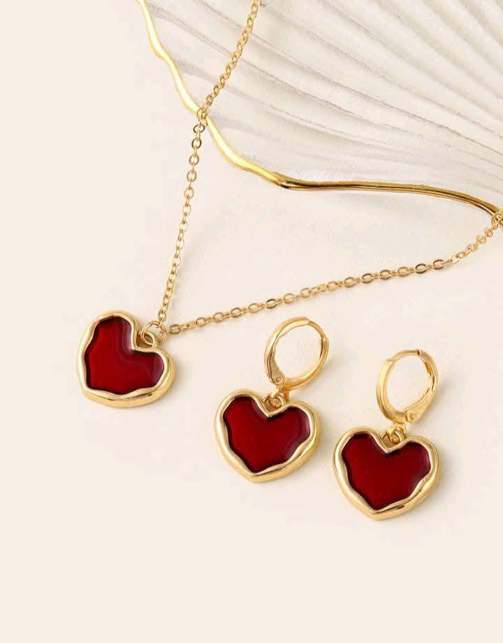 Gorgeous Cute Wine Red Color Love Heart Pendant Necklace Earrings Jewelry Set for Women