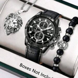 1 Set Men Watch Men Black PU Strap Casual Sport Quartz Wristwatch With Calendar, Luminous Second Hand And Lion Head Pendant Necklace Bracelet Set