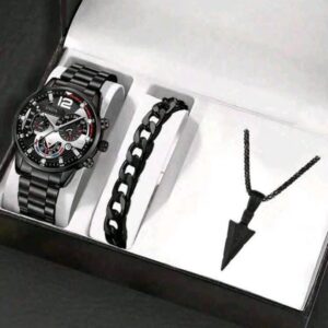 3pcs/set Fashion Men’s Watch Black Alloy Analog Male Watch Necklace Bracelet Men’s Jewelry Set