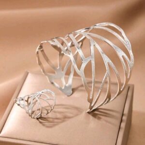 2pcs/Set European And American Creative Metal Design Hollow Out Leaf Shaped Open Ring And Bracelet Set For Women’s Jewelry