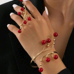 Red Pearls Bracelet and Ring Set Simple Fashion Jewelry