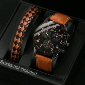 1 Set Men’s Watch Sports Leisure Fashion Digital Round Dial Quartz Watch And PU Woven Wrap Wristband