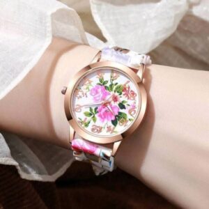 1pc Fashionable Floral Print Silicone Band Wrist Watch for Women