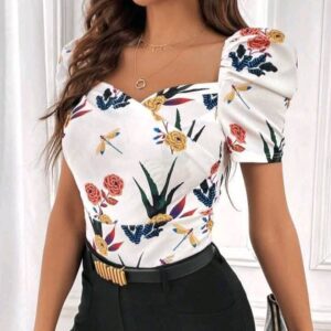 Floral Print Sweetheart Neck Puff Sleeve Tee