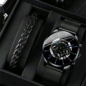 1pc Black Zinc Alloy Fashion Strap Round Quartz Watch & 1pc Woven Detail Bracelet