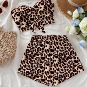 Summer European and American Resort Style Leopard Print Bandeau Shorts Set