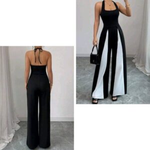 Women’s Fashion Contrast Color Splice Halter Backless Long Jumpsuit
