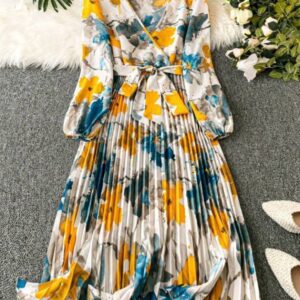 Ladies’ Printed V-Neck Hem Pleated Tie Waist Elegant Long Sleeve Dress