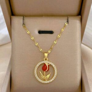 1pc Fashionable And Minimalist Rose & Tulip Round Pendant Stainless Steel Luxury And Elegant Collarbone Necklace For Women