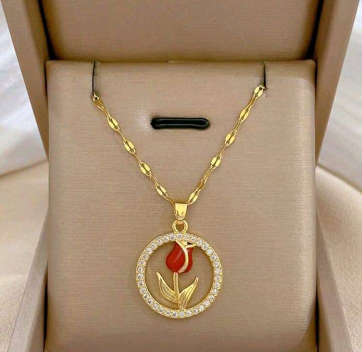 1pc Fashionable And Minimalist Rose & Tulip Round Pendant Stainless Steel Luxury And Elegant Collarbone Necklace For Women