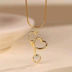 Ficcino Gold-Plated Cubic Zirconia Heart Shaped Stethoscope Pendant Necklace