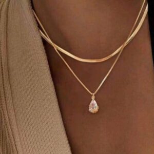 Nooxian 2pcs Simple & Elegant Double Layer Zirconia Decoration Stainless Steel Gold Thread Flat Chain Necklace For Women