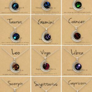 12 Zodiac Signs Moon Pendant Necklace, Glow in the Dark Gemstone Necklace