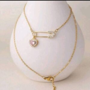 Safety Pin Crystal Heart Gold Chain Necklace