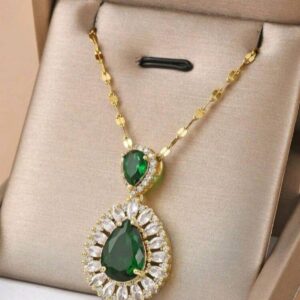 Pear Lab Created Green Emerald Halo Pendant 14K Yellow Gold Silver Plated