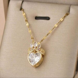 1pc Stainless Steel Cubic Zirconia Heart Pendant Necklace