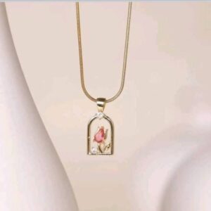 Princess And The Beast Theme Window Tulip Pendant, Gold Plated Cubic Zirconia Titanium Steel Women Chain Necklace