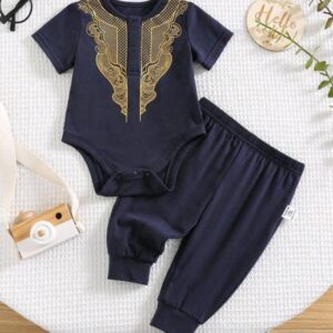 Baby Boy Traditional Bohemian Style Geometric Pattern Round Neck Long Sleeve Romper Pants (Diwali pieces)