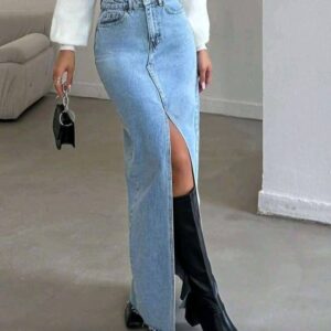 Women’s Solid Color Pocket Slit Maxi Denim Skirt