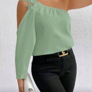 One Shoulder Lantern Sleeve Solid Blouse