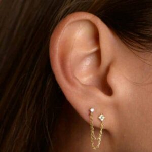 Silver Ins Design Double Ear Hole Chain Tassel Earring With Embedded For Women