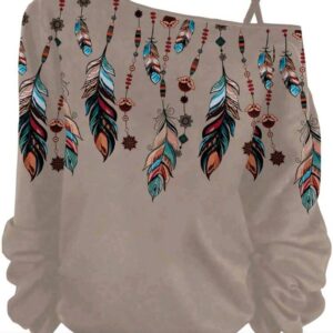 Women Casual Feather Western Print Single Long Sleeve T-Shirt