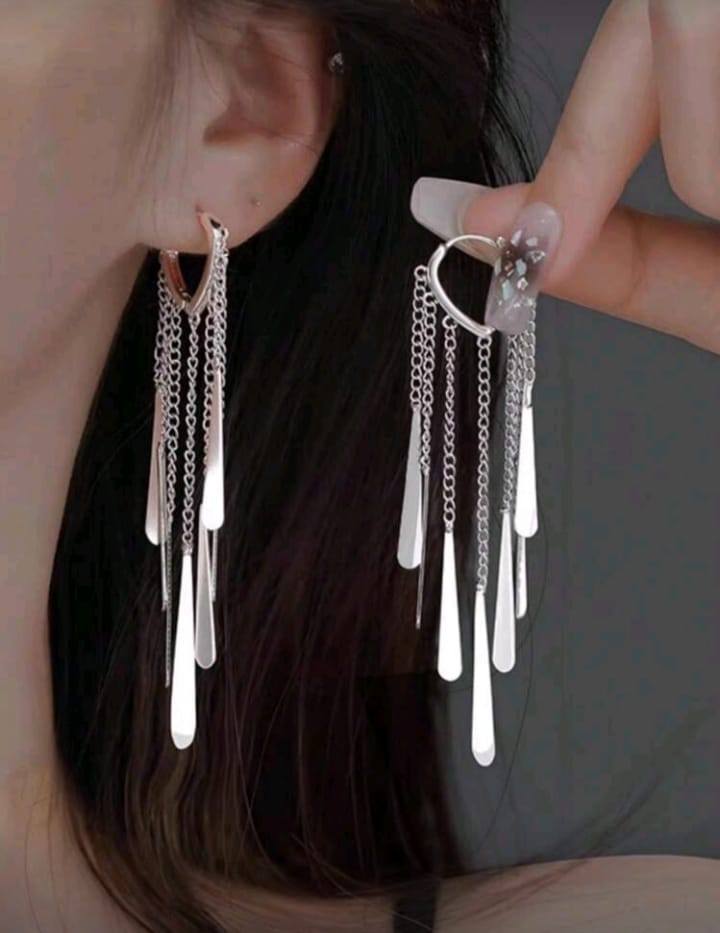 Sterling Silver Long Tassel Earrings Luxury Ear Hoop for Women