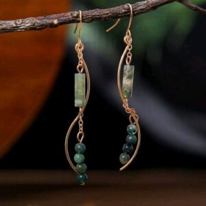 Personality Design Curved Earrings For Women Vintage Green Stones Round Beads Pendants Ladies Ear Accessories Jewelry Earrings