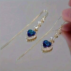 Vintage Luxury Heart-Shaped Blue Rhinestone Tassel Earrings for Women