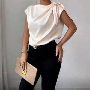 Elegant Solid Color Satin Shirt, Women’s Summer Lightweight Sophisticated Twist Lapel Blouse