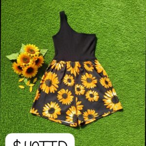 Black One Shoulder & Sunflower Shorts Jumpsuit